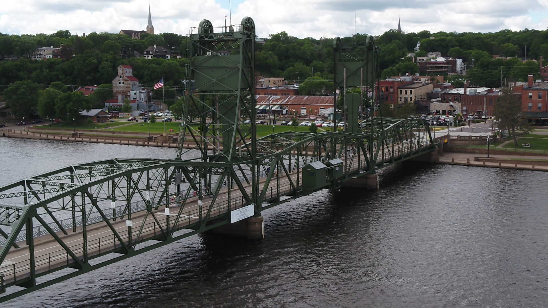 The historic Stillwater Lift Bridge crossing the St. Croix River, with downtown beyond